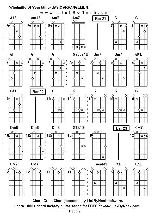 Chord Grids Chart of chord melody fingerstyle guitar song-Windmills Of Your Mind- BASIC ARRANGEMENT,generated by LickByNeck software.